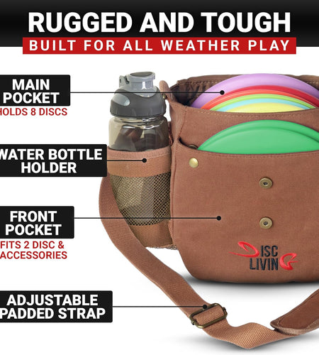 Disc Golf Bag | Frisbee Golf Bag | Easy to Carry | Lightweight Fits up to 10 Discs | 16 Oz Waxed Canvas Sturdy Design | Belt Loop | Double Button Design | Bottle Holder